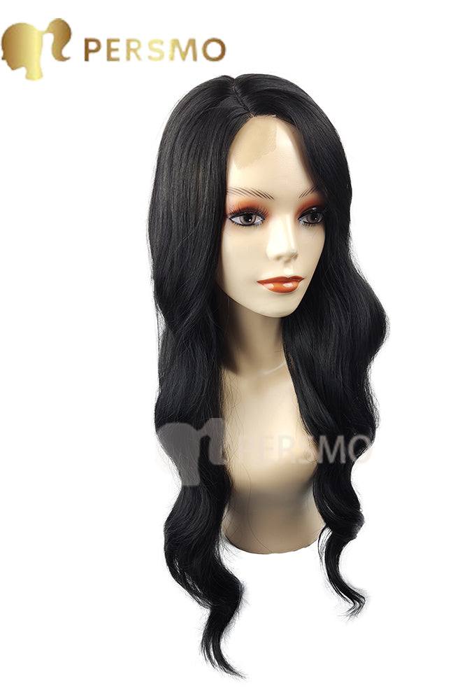 Hand made hairline side part Black wavy topper-28''