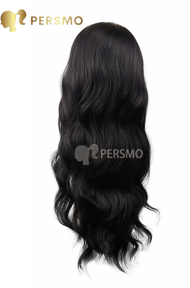 Hand made hairline side part Black wavy topper-28''