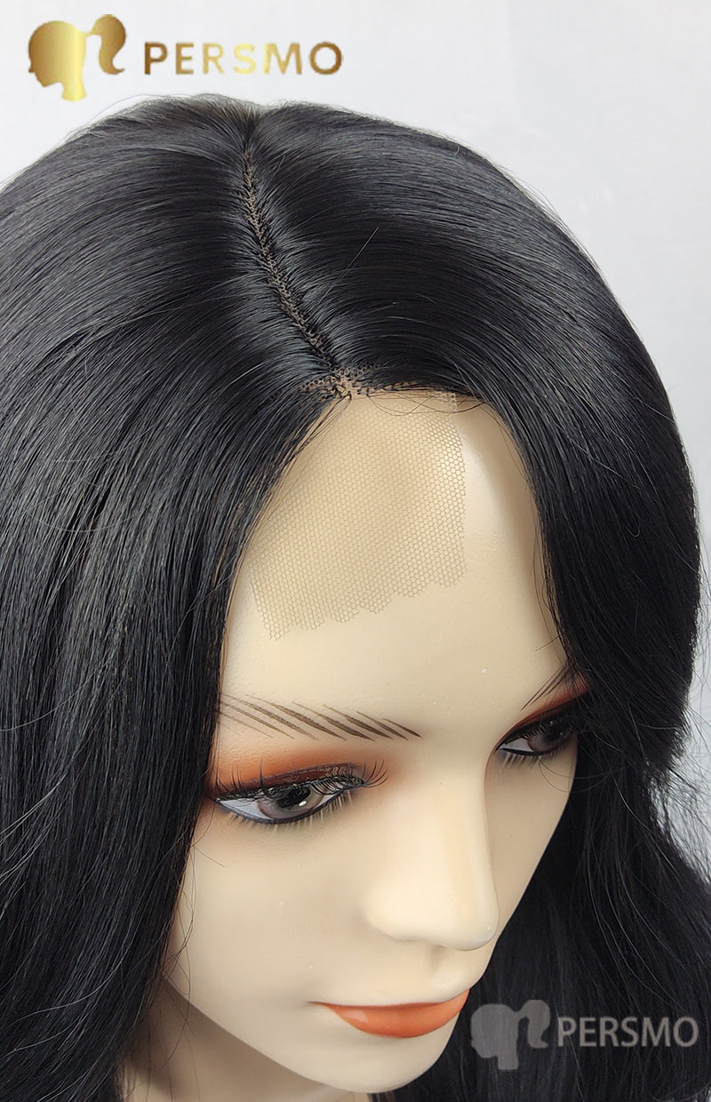 Hand made hairline side part Black wavy topper-28''