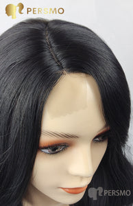 Hand made hairline side part Black wavy topper-28''