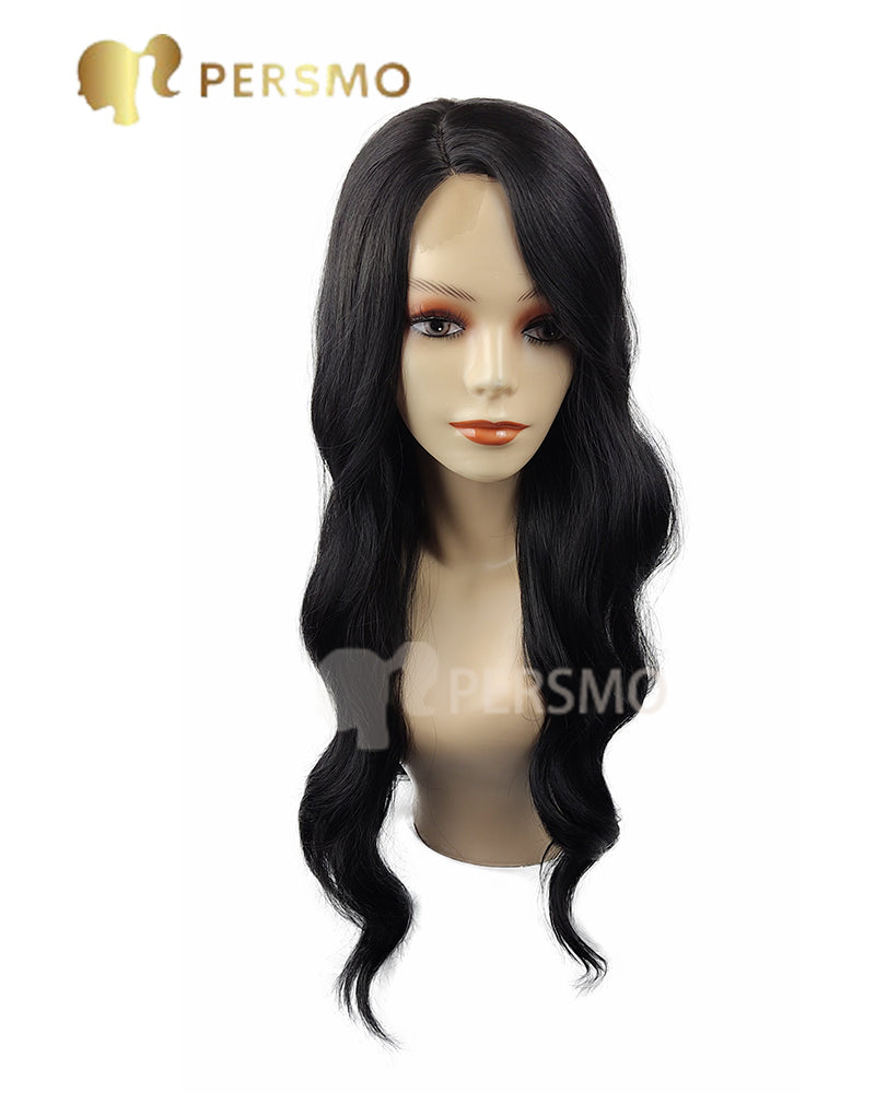 Hand made hairline side part Black wavy topper-28''