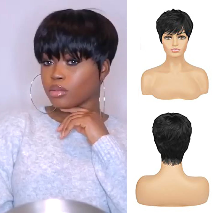 Pixie Wig with Bangs Natural Short Black Wig Layered  (1B#)